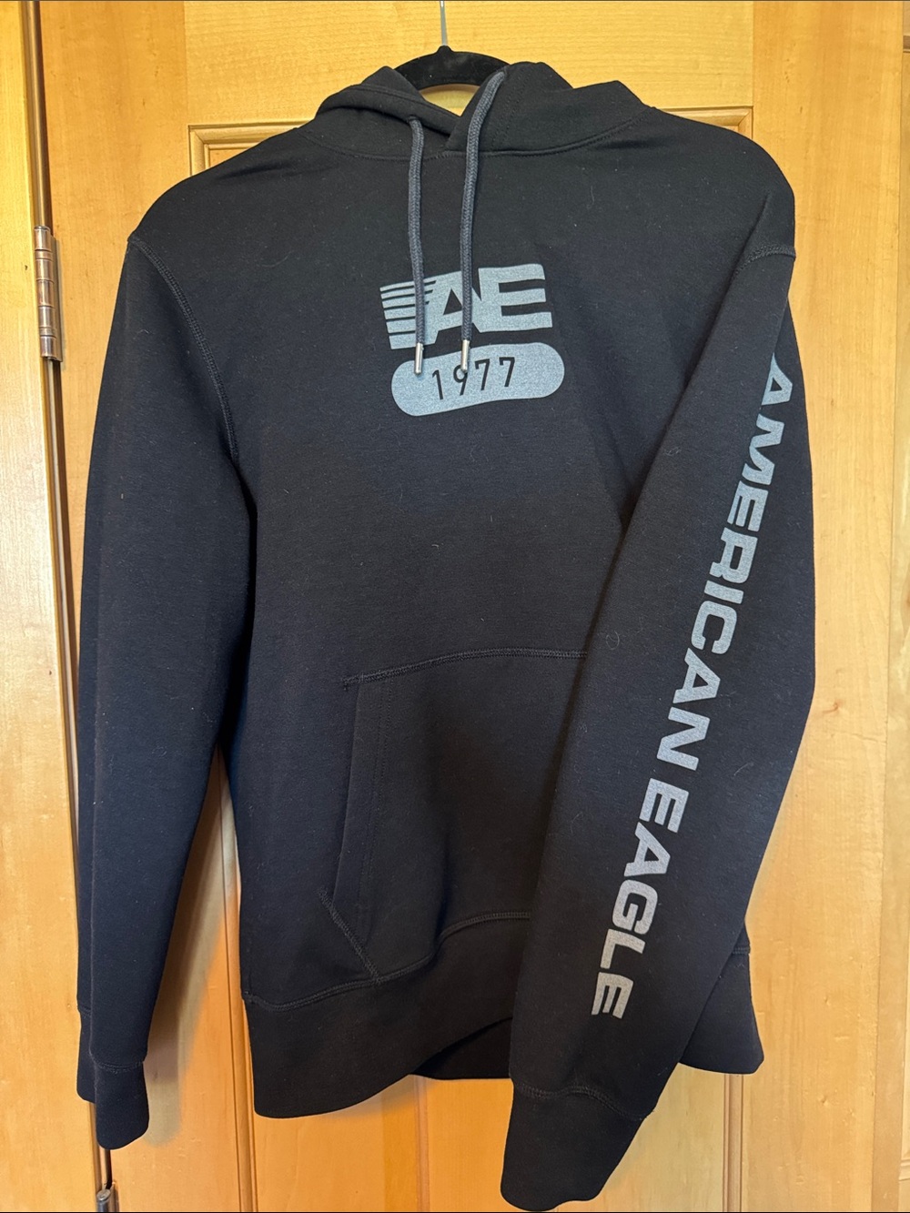 American Eagle Outfitters Black Hoodie with Gray Logo and Sleeve Print- like new